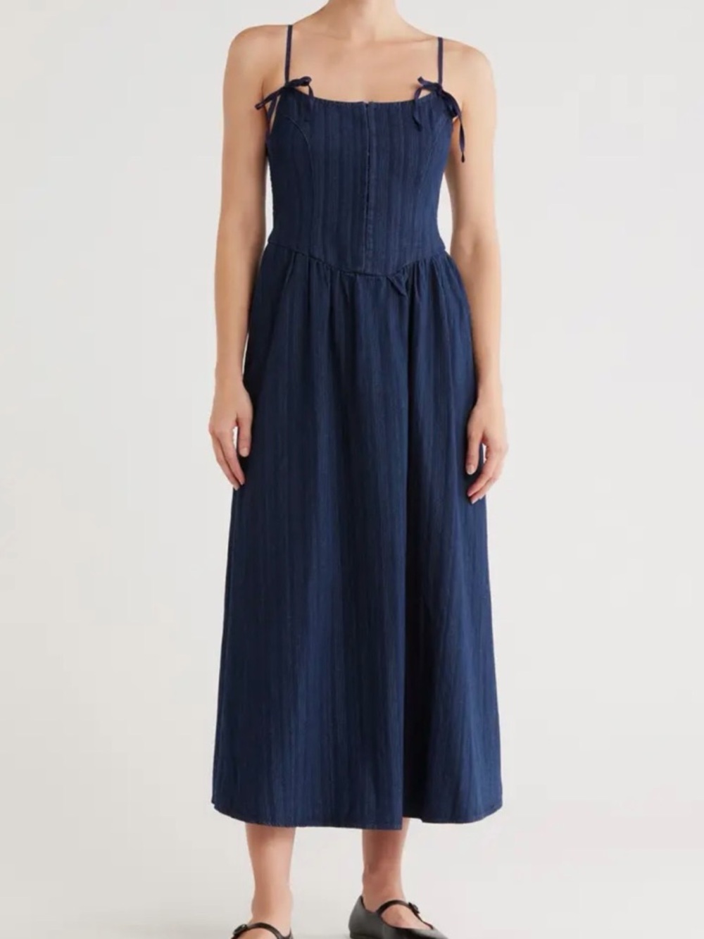 Tie Strap Denim Fit & Flare Midi Dress
